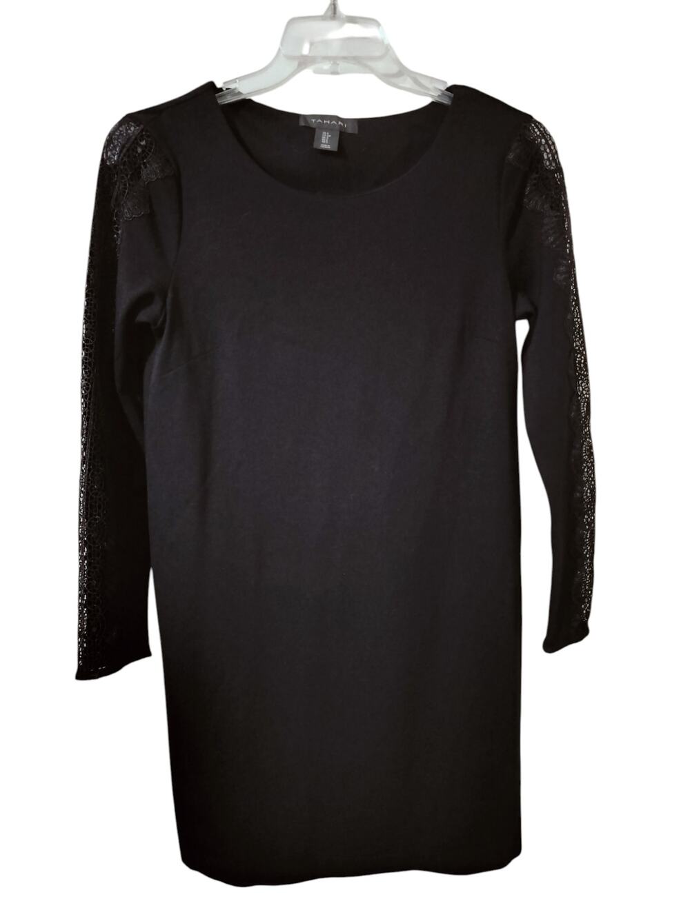 5798)Tahari Women Black Long Floral Lace Sleeve Formal Business Shift Dress S
